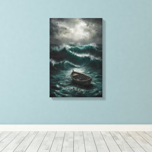 Verlaten boot in Stormy Waters Ocean Art Canvas Afdruk (Insitu (Houten vloer))