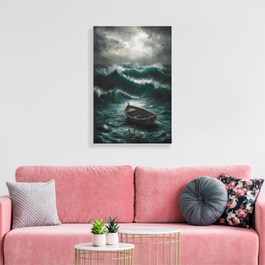 Verlaten boot in Stormy Waters Ocean Art Canvas Afdruk (Insitu (Woonkamer))