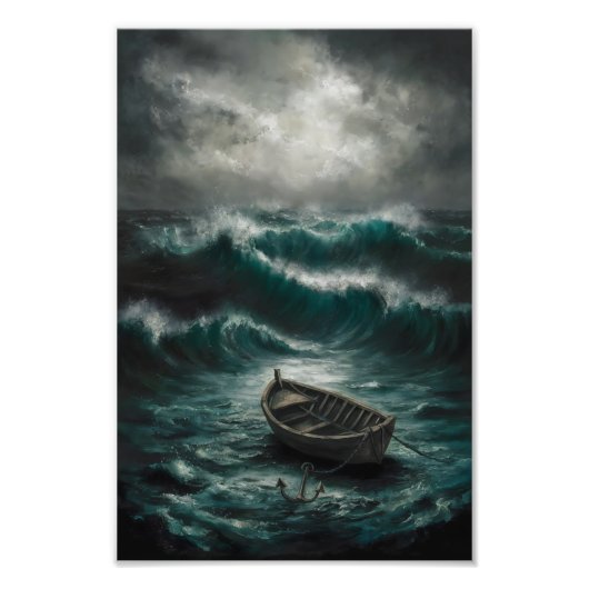 Verlaten boot in Stormy Waters Ocean Art Foto Afdruk (Voorkant)