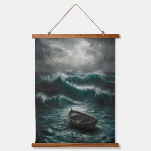 Verlaten boot in Stormy Waters Ocean Art Hangend Wandkleed (Voorkant)