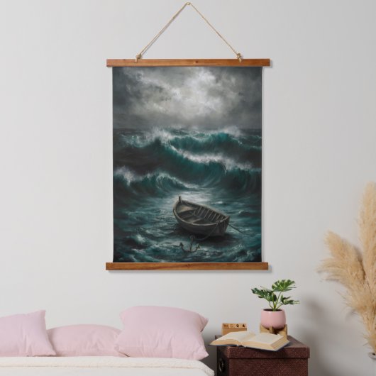 Verlaten boot in Stormy Waters Ocean Art Hangend Wandkleed (Slaapkamer)