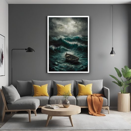 Verlaten boot in Stormy Waters Ocean Art Poster
