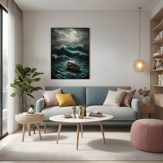 Verlaten boot in Stormy Waters Ocean Art Poster