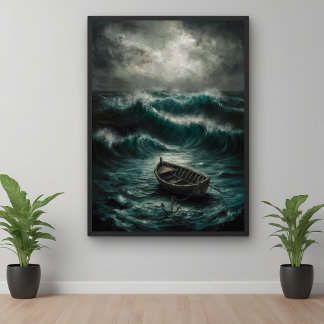 Verlaten boot in Stormy Waters Ocean Art Poster