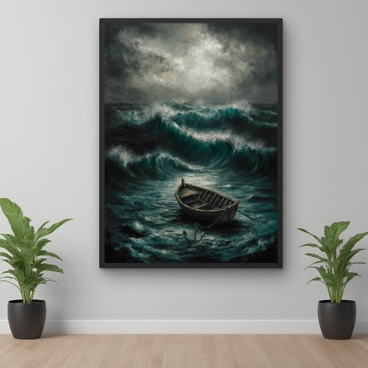 Verlaten boot in Stormy Waters Ocean Art Poster
