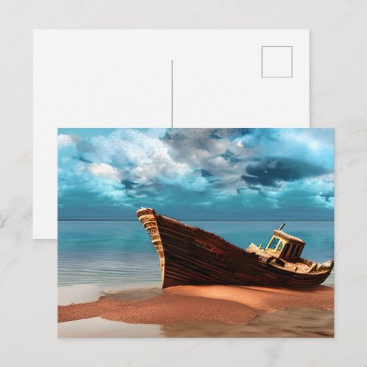 Verlaten boot op een verlaten zandstrand briefkaart (Voorkant / Achterkant)