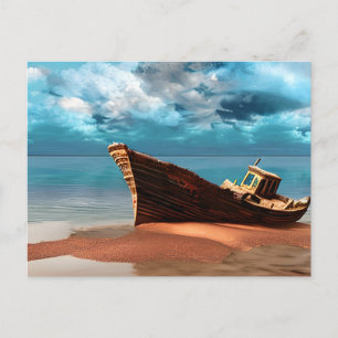 Verlaten boot op een verlaten zandstrand briefkaart