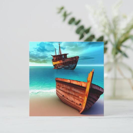 Verlaten boten op een verlaten strand kaart (Staand voorkant)