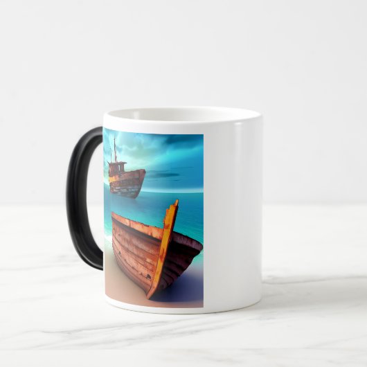 Verlaten boten op een verlaten strand magische mok (Voorkant links)