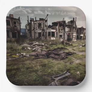 Verlaten gebouwen Vernietiging na apocalyps Papieren Bordje