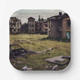 Verlaten gebouwen Vernietiging na apocalyps Papieren Bordje
