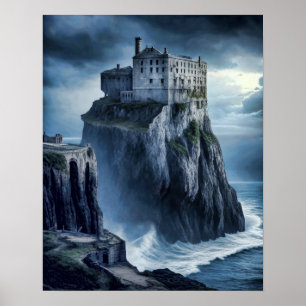Verlaten gevangenis op Cliff Digital Art Painting Poster