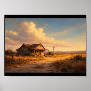 Verlaten houten huis onder wijde hemel poster