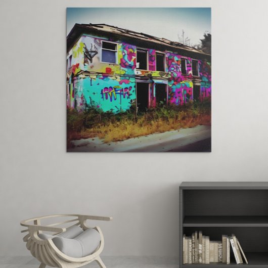 Verlaten huis met kleurrijke graffiti canvas afdruk