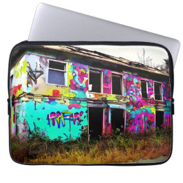 Verlaten huis met kleurrijke graffiti laptop sleeve