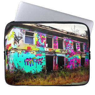 Verlaten huis met kleurrijke graffiti laptop sleeve
