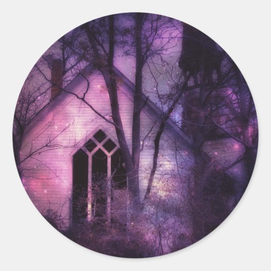 Verlaten Kerk Paarse Night Sky Digital Art Ronde Sticker (Voorkant)