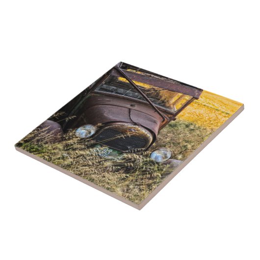 Verlaten oude auto in groot gras tegeltje (Zijkant)