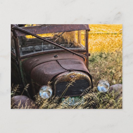 Verlaten oude auto in hoog gras briefkaart (Voorkant)