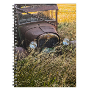 Verlaten oude auto in hoog gras notitieboek