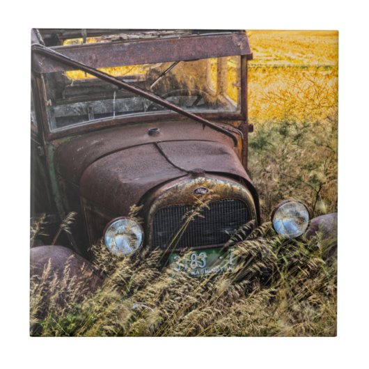 Verlaten oude auto in hoog gras tegeltje (Voorkant)