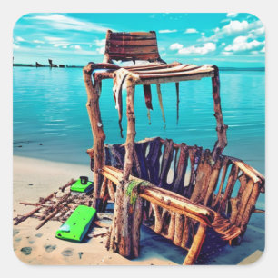 Verlaten oude badmeester op verlaten strand vierkante sticker