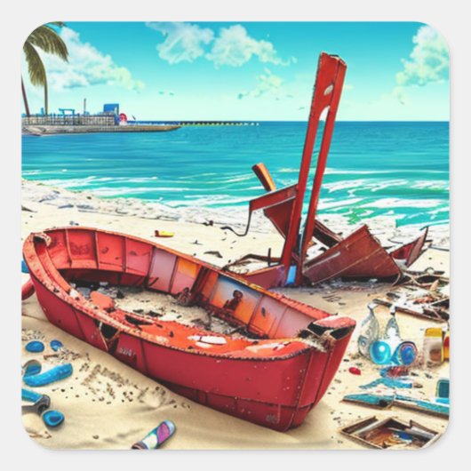 Verlaten oude boot, flessen en wrakstukken vierkante sticker (Voorkant)