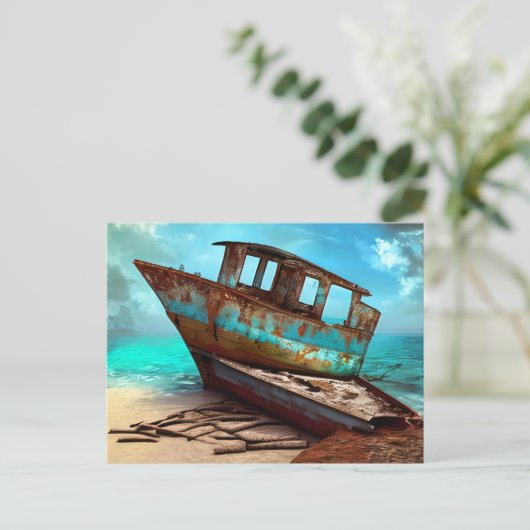 Verlaten oude boot op een verlaten zandstrand briefkaart (Staand voorkant)