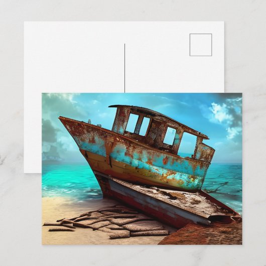Verlaten oude boot op een verlaten zandstrand briefkaart (Voorkant / Achterkant)