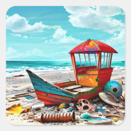 Verlaten oude boot op een verlaten zandstrand vierkante sticker