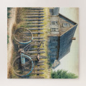 Verlaten oude fiets op roestige omheining legpuzzel (Horizontaal)