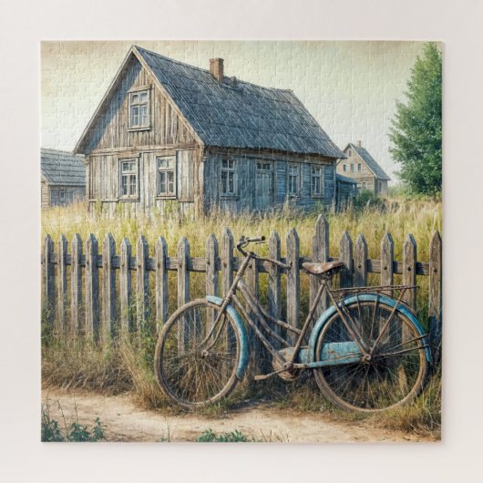 Verlaten oude fiets op roestige omheining legpuzzel (Verticaal)