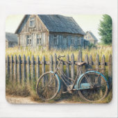 Verlaten oude fiets op rustieke hek muismat (Voorkant)