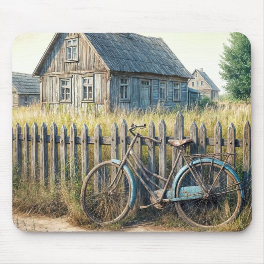 Verlaten oude fiets op rustieke hek muismat (Voorkant)