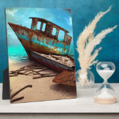 Verlaten oude roestige boot op een zanderig verlat fotoplaat (Zijkant)