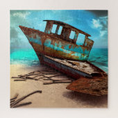 Verlaten oude roestige boot op een zanderig verlat legpuzzel (Verticaal)