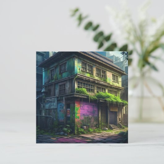 Verlaten Paarse graffiti gebouw stedelijk verval (Staand voorkant)