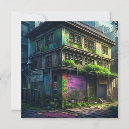 Verlaten Paarse graffiti gebouw stedelijk verval (Voorkant)