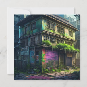 Verlaten Paarse graffiti gebouw stedelijk verval