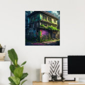 Verlaten Paarse graffiti gebouw stedelijk verval Poster (Thuiskantoor)