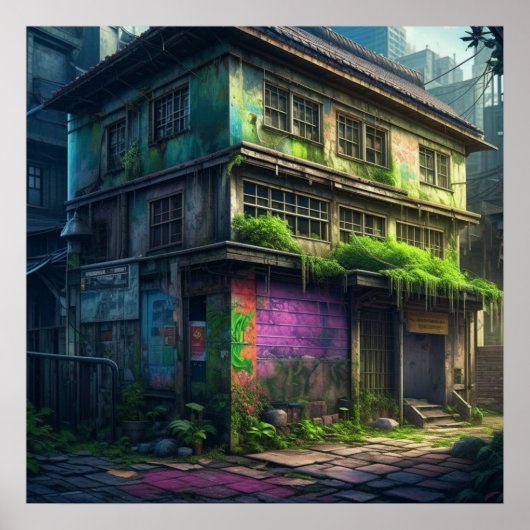 Verlaten Paarse graffiti gebouw stedelijk verval Poster (Voorkant)