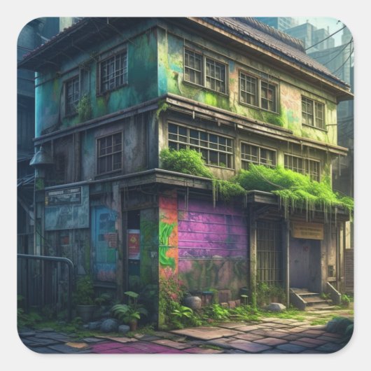 Verlaten Paarse graffiti gebouw stedelijk verval Vierkante Sticker (Voorkant)