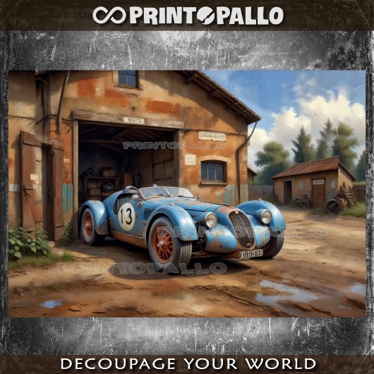 Verlaten racewagen uit 1920 in een garage op het p tissuepapier