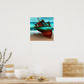Verlaten schip op een zandstrand poster (Keuken)