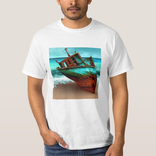 Verlaten schip op een zandstrand t-shirt (Voorkant)
