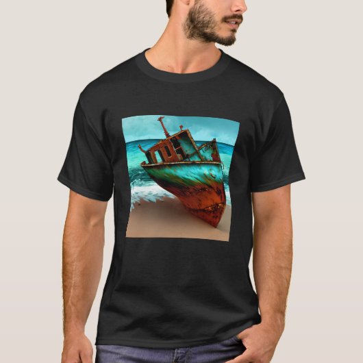 Verlaten schip op een zandstrand t-shirt (Voorkant)
