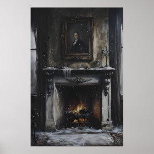 Verlaten schoorsteenmantel met sneeuw en portret poster