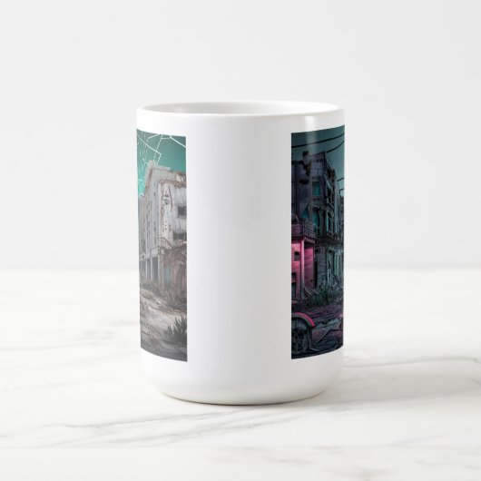 Verlaten stadsgebouwen Dystopian Blauwgroen Skies Magische Mok (Midden)