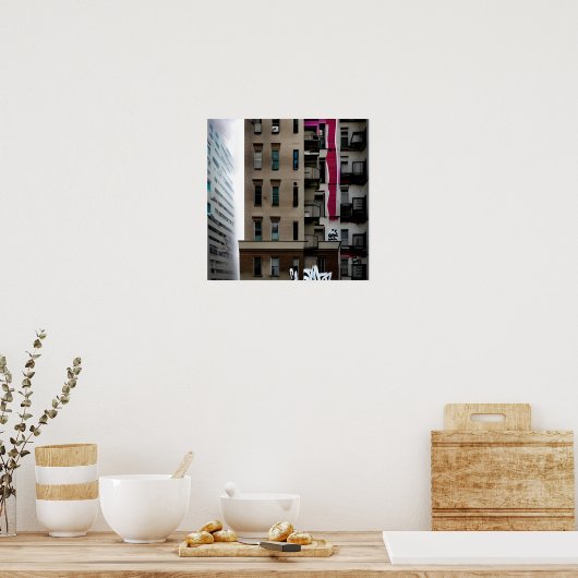 Verlaten stadsgebouwen met graffiti poster (Keuken)