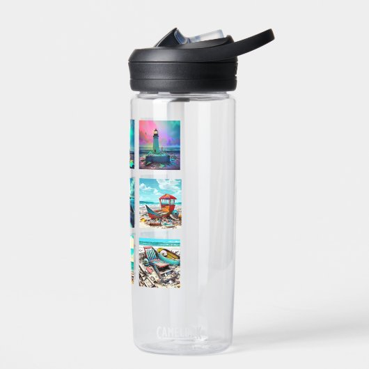 Verlaten strandvuurtorens en boten waterfles (Links)